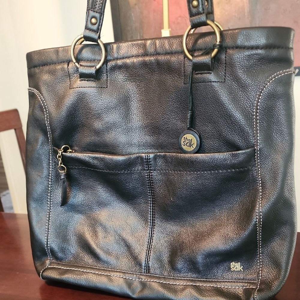 The Sak Black Pebbled Leather Tote Shoulder Bag Brass Hardware - Picture 2 of 11